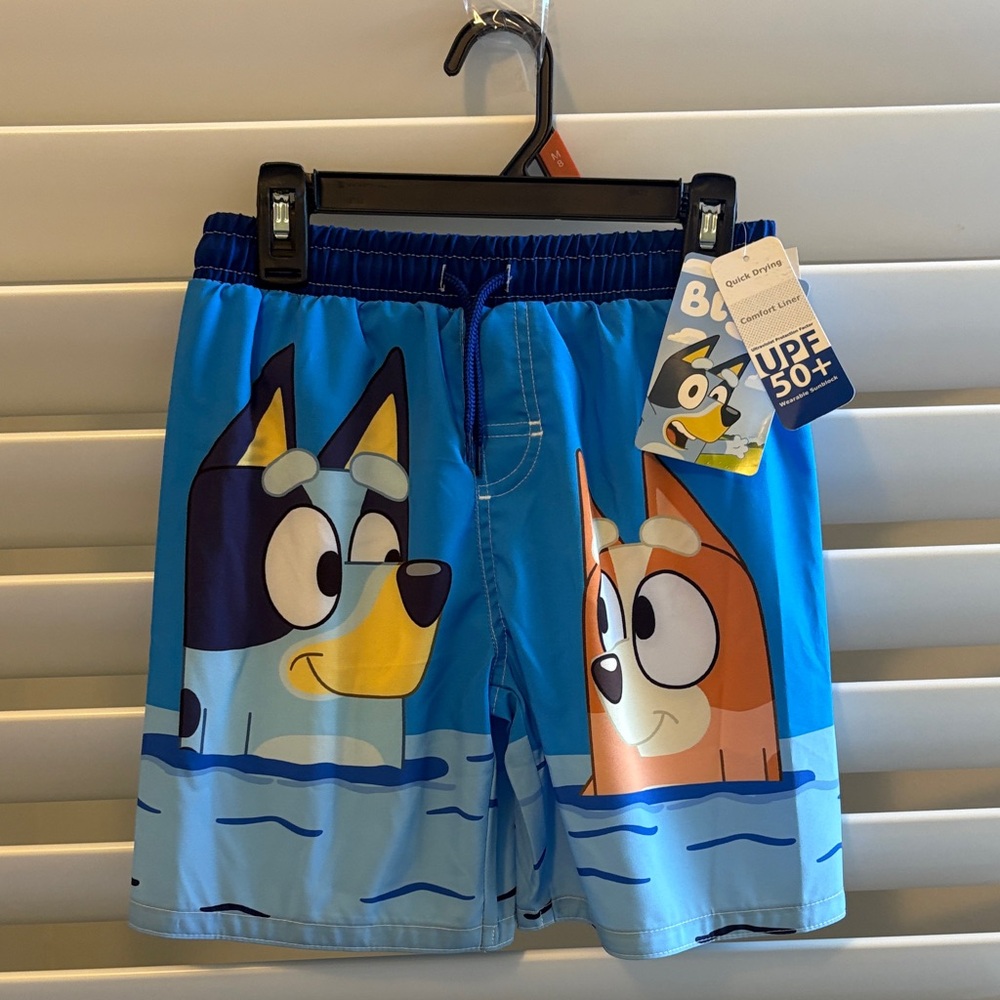 NWT Bluey Boys’ Graphic Swim Trunks with UPF 50 Sz: 6-7
